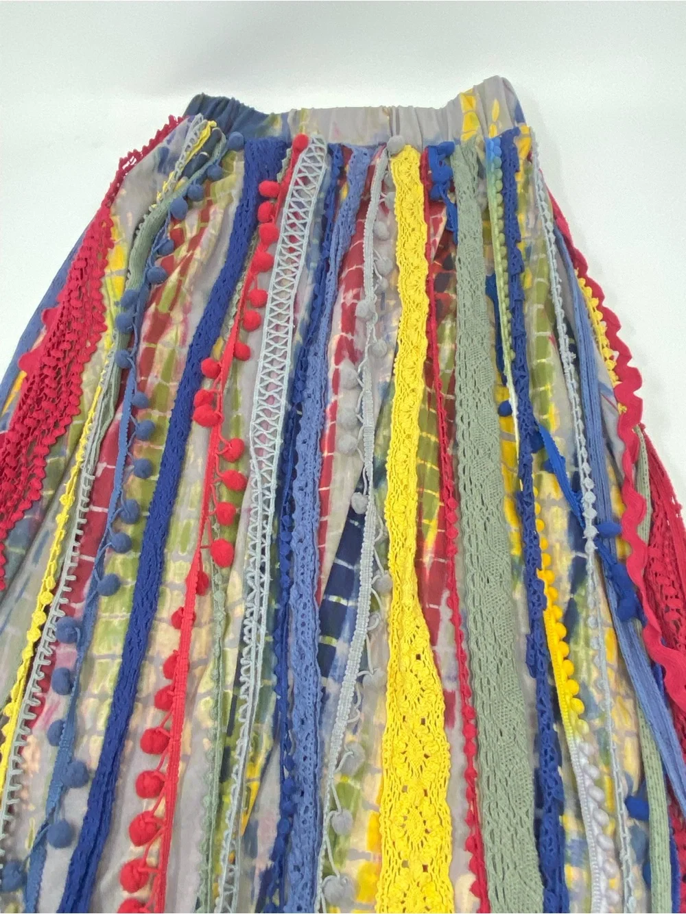 Jak & Peppar Maxi Skirt tie dye with decorative trim Lace Pompom Elastic Waist